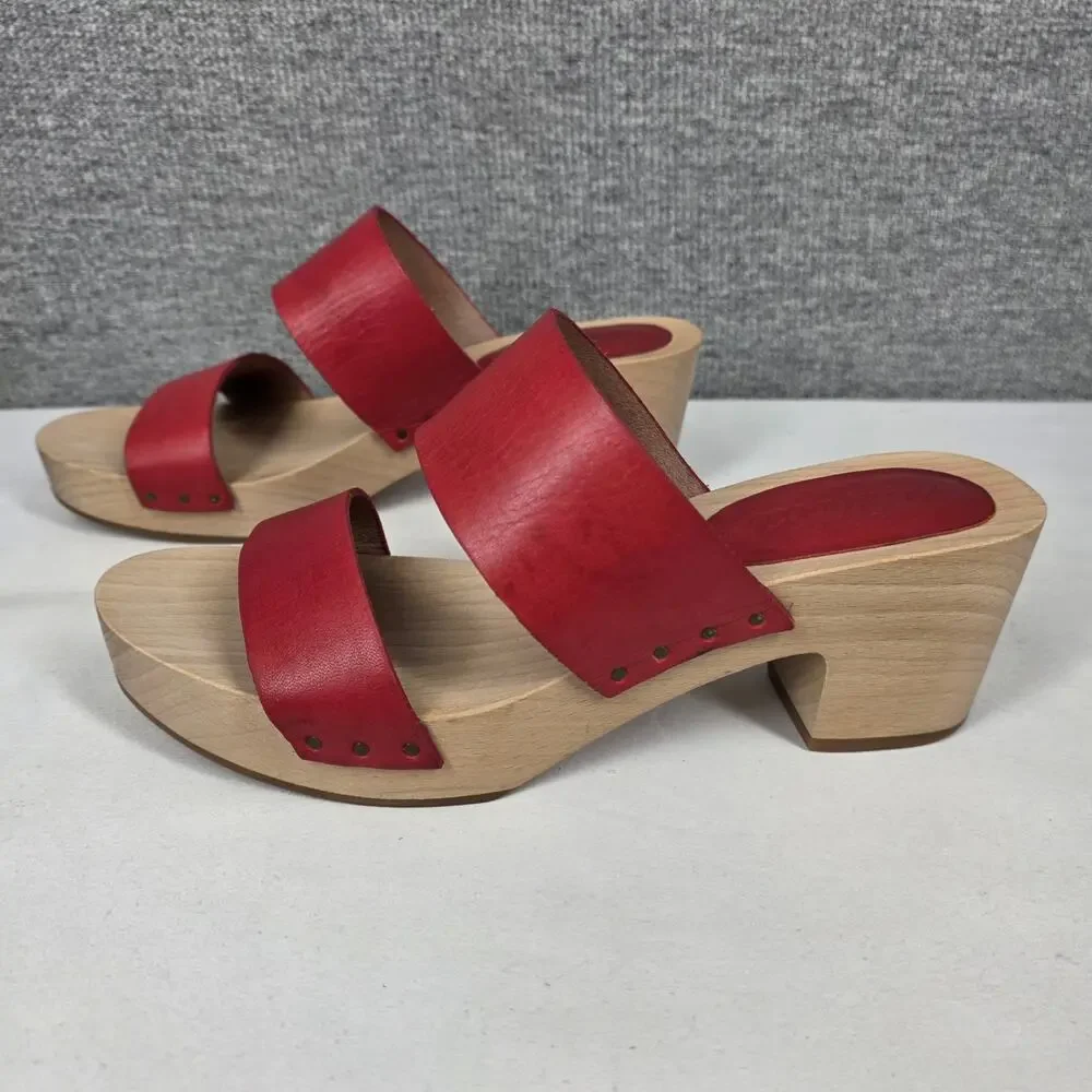 MADEWELL WOMEN'S CLARA RED LEATHER CLOG SANDALS – SIZE 7 – WOOD BLOCK HEELS